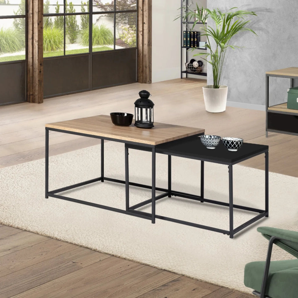 IDMarket - Set di 2 tavolini DENTON 60/70 in metallo nero e legno, design industriale