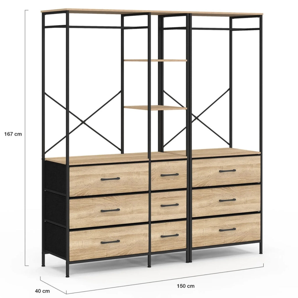 IDMarket - Armadio componibile UTAH XXL L. 150 cm con 3 ripiani e 9 contenitori in legno e tessuto nero