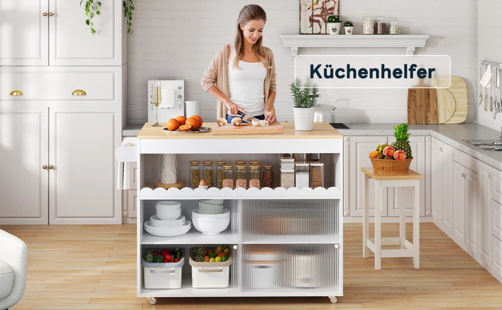 CARRELLO ISOLA CUCINA Pieghevole 122x46(69)x91 cm MDF Bianco/Naturale
