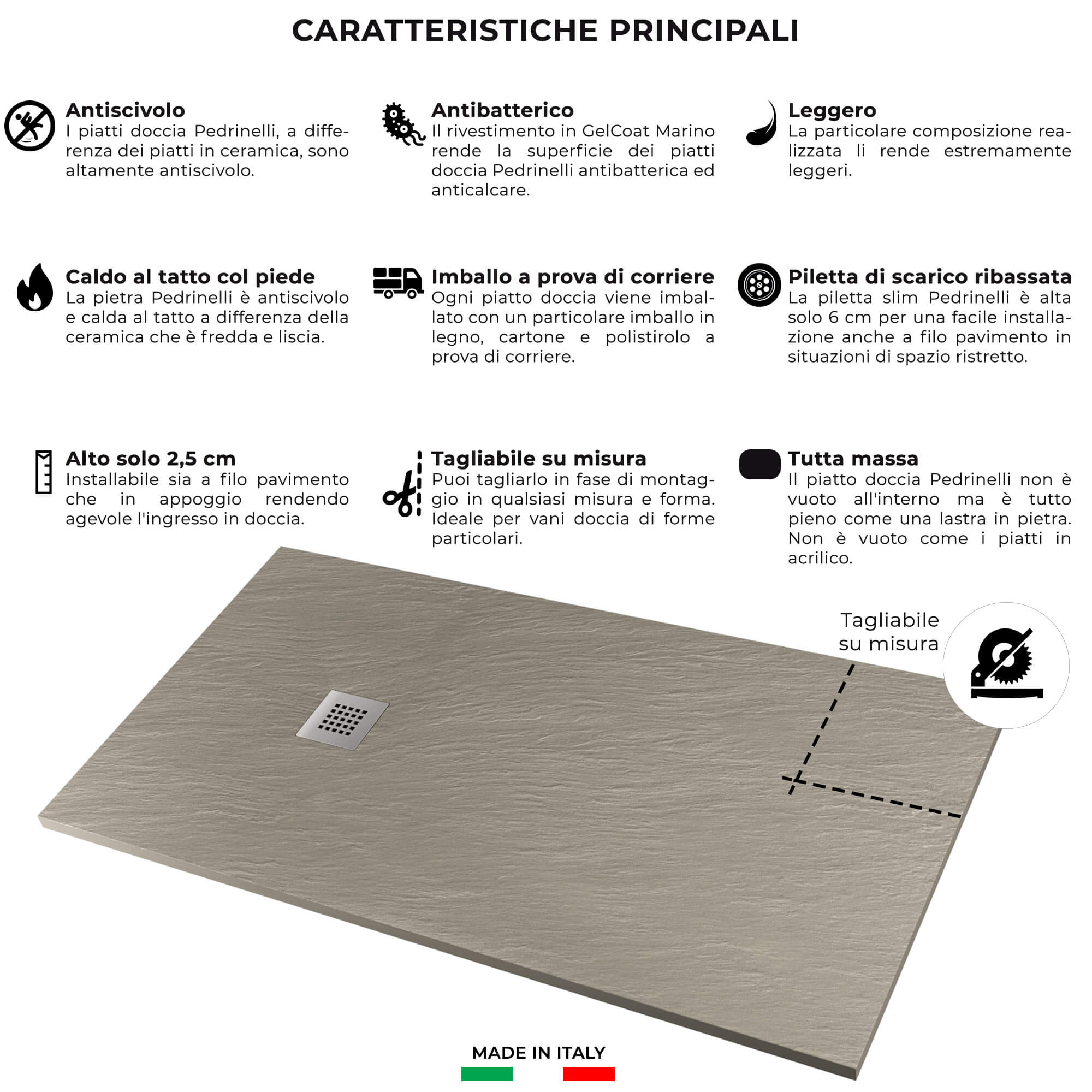 Piatto Doccia in Pietra 80x150 cm Pedrinelli Ardesia Stone Side Seppia