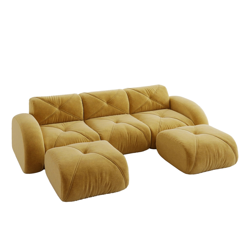 Divano modulare a U senza montaggio con 2 pouf in chenille gialla per soggiorno e relax 281 × 171 × 76 cm