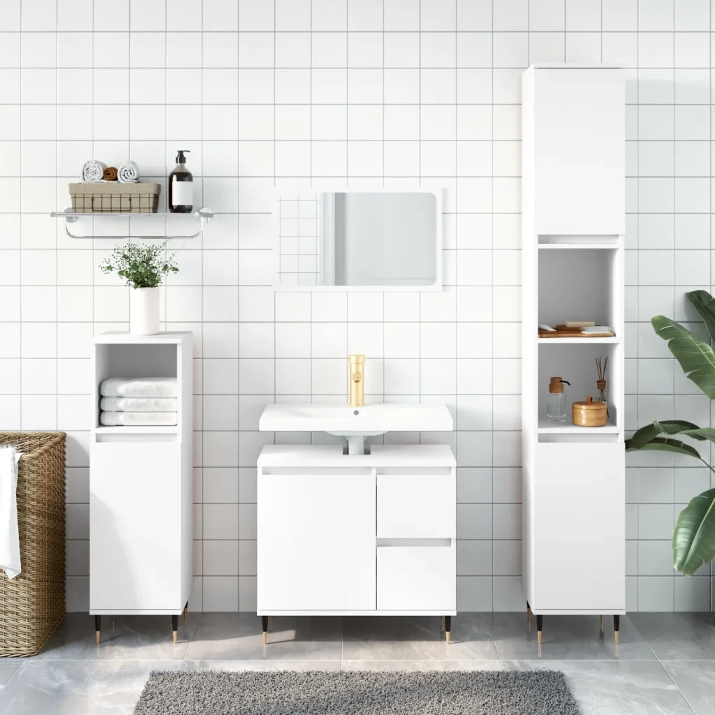 Set Mobili da Bagno | Armadio da bagno 3 pz Bianco in Legno Multistrato