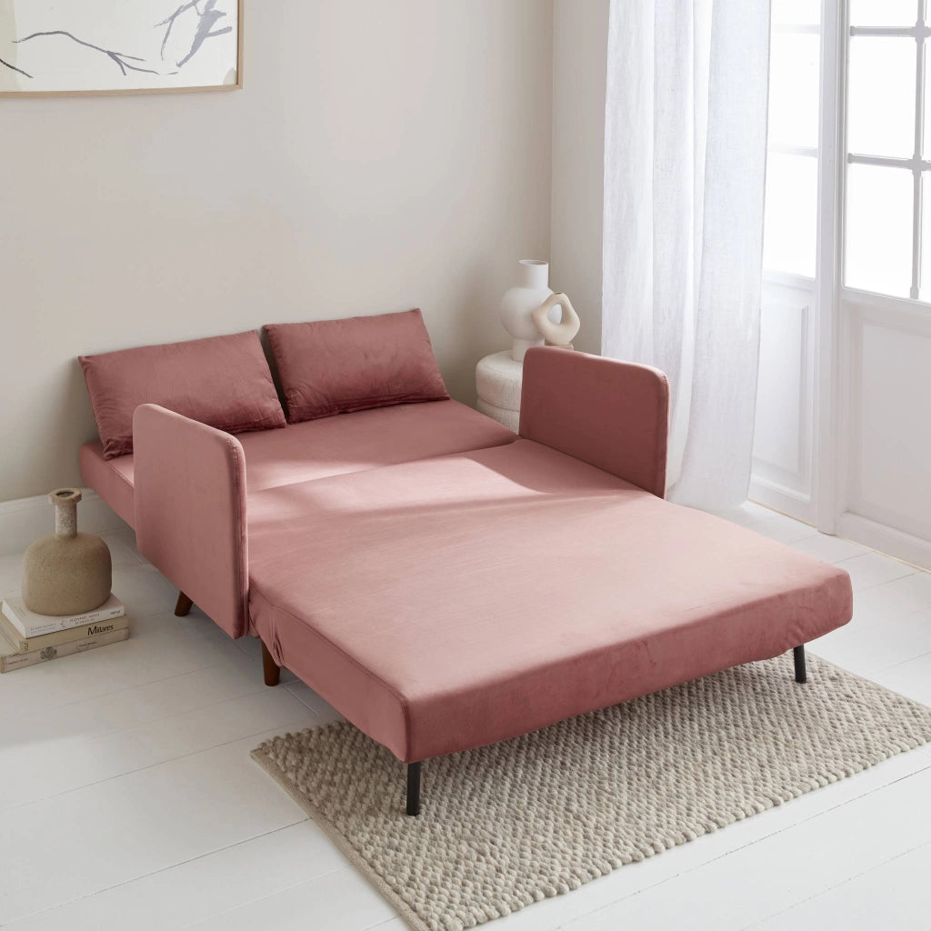 Divano letto in velluto con gambe in legno, 2 posti, rosa antico