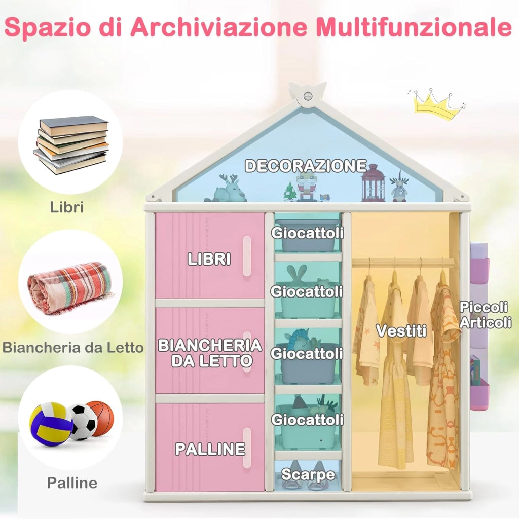 Armadio per Bambini, Organizzatore a Forma di Casa con Lavagna 3 Armadietti 4 Cestini 3 Cubi Chiusi e 3 Cestini Laterali, Armadietto Salvaspazio per Camera da Letto, 3 Anni+ (Rosa)