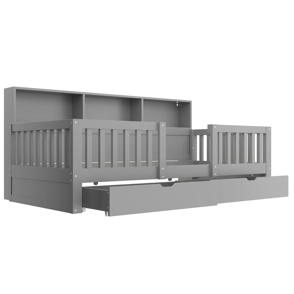 Letto per bambini 90 × 200 cm con barriera di sicurezza, 2 cassetti, ripiani e LED, senza materasso, grigio