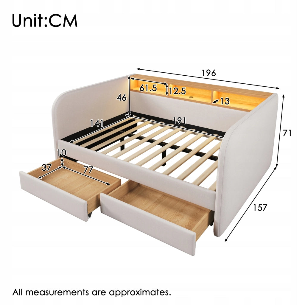 Letto imbottito 140x190 - Xylo - LED, USB-C, cassetti, colore beige chiaro