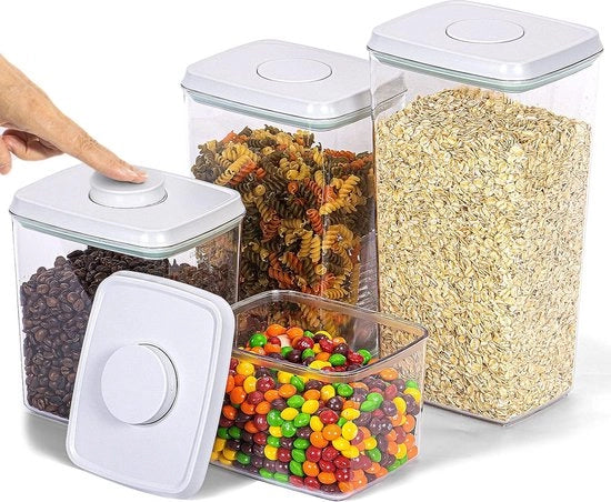 Contenitori di conservazione con coperchio ermetico, set di contenitori di conservazione a mano, contenitori BPA liberi, ermetici, stivabili per cereali secchi, armadietto di magazzino, granola per colazione, snack, zucchero, caffè (4 SET)
