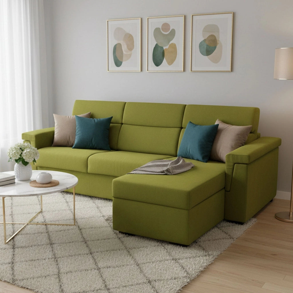 Ganzaria, Divano Letto con Penisola Sfoderabile Made in Italy, 285x160 cm Verde