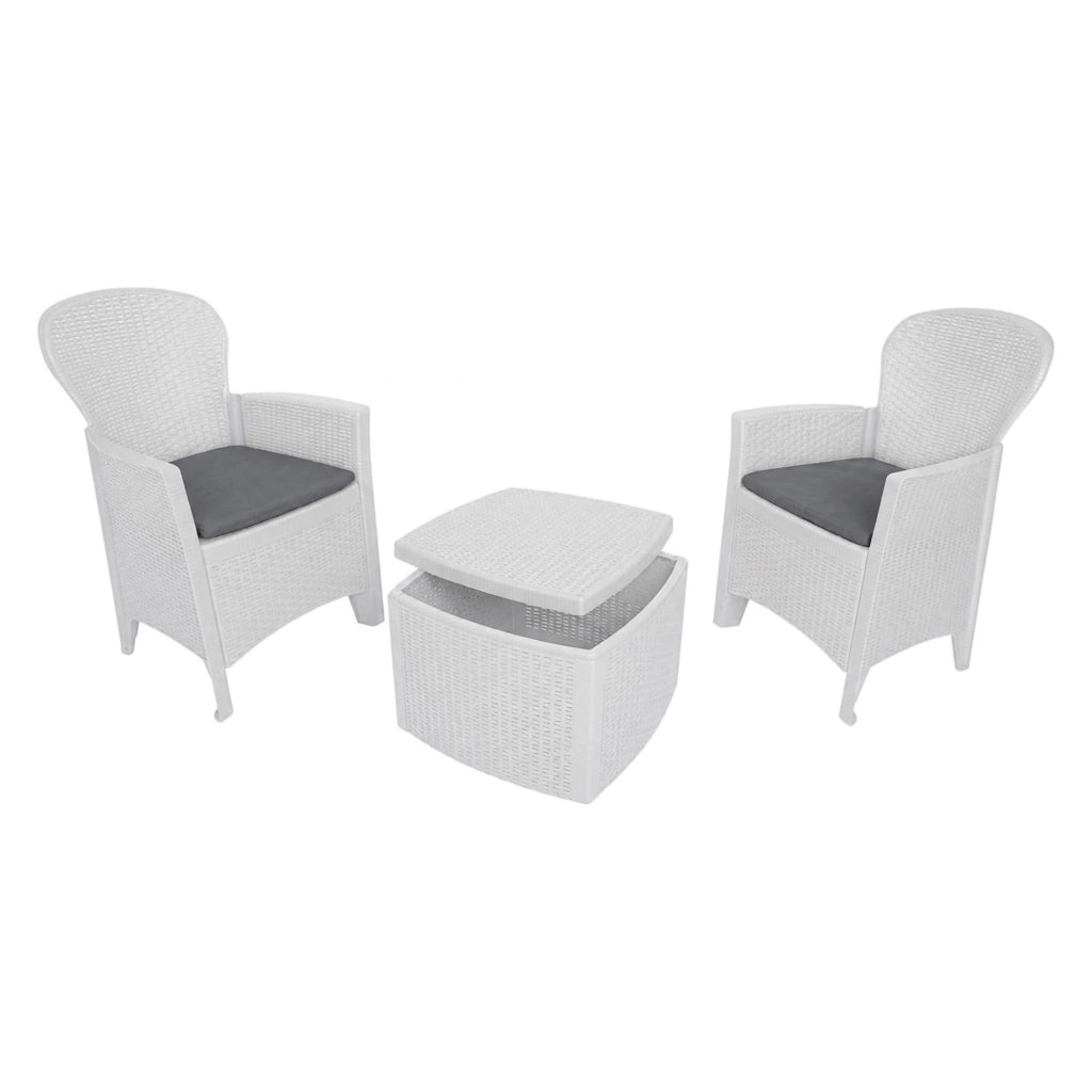 Set salotto da esterno Dakain, Set da giardino con cuscini composto da 2 poltrone, 1 divano e 1 tavolino, Salottino indoor effetto rattan, 100% Made in Italy, Cm 60x58h90, Bianco