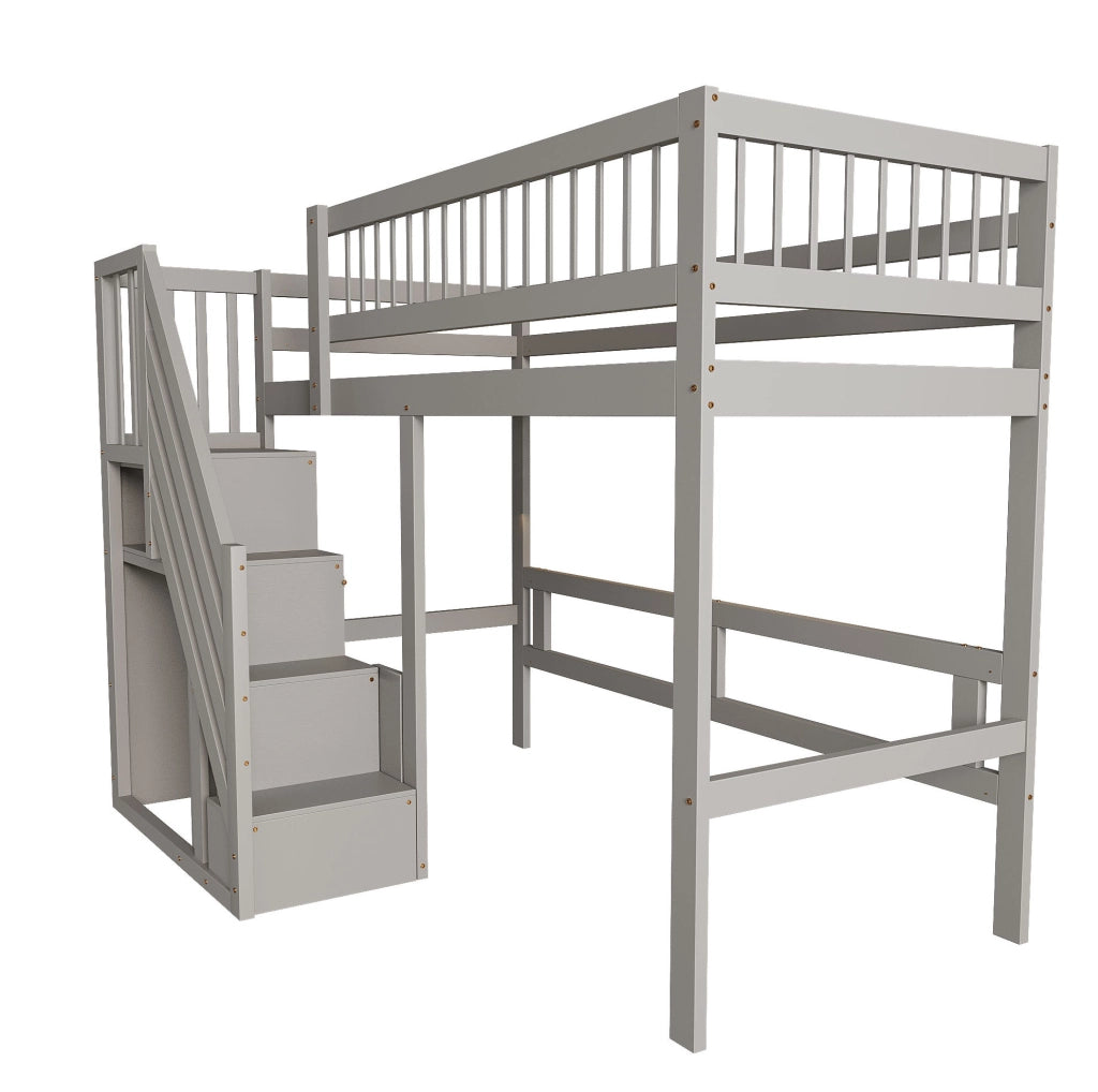 Letto a soppalco 90x200 cm con scala portaoggetti in legno grigio