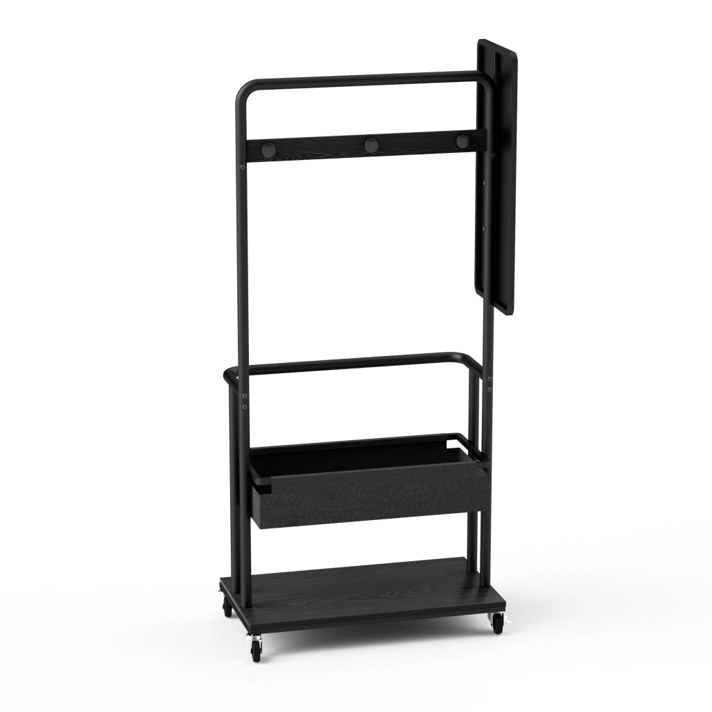 Scaffale multifunzionale 3 in 1 con specchio, tasca in tessuto e ruote per corridoio e camera da letto, in acciaio nero