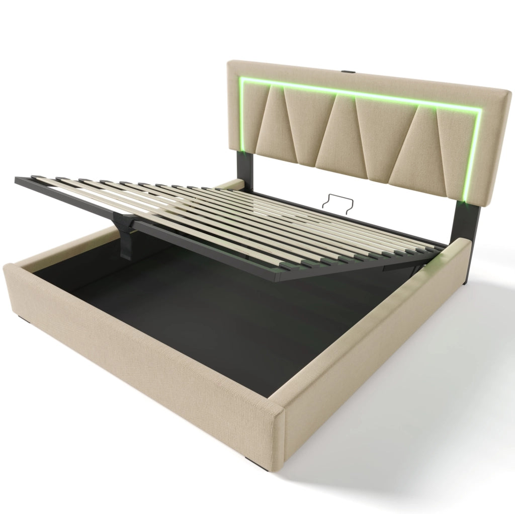 Letto matrimoniale 140x200 cm beige in lino con LED, USB Type-C e contenitore