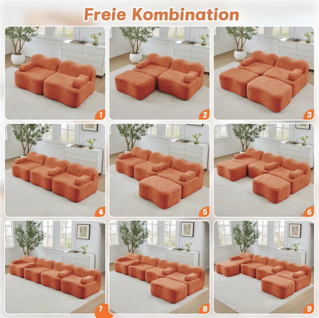 Divano angolare modulare 4 posti con ottomana 384x167x70 cm in velluto arancione