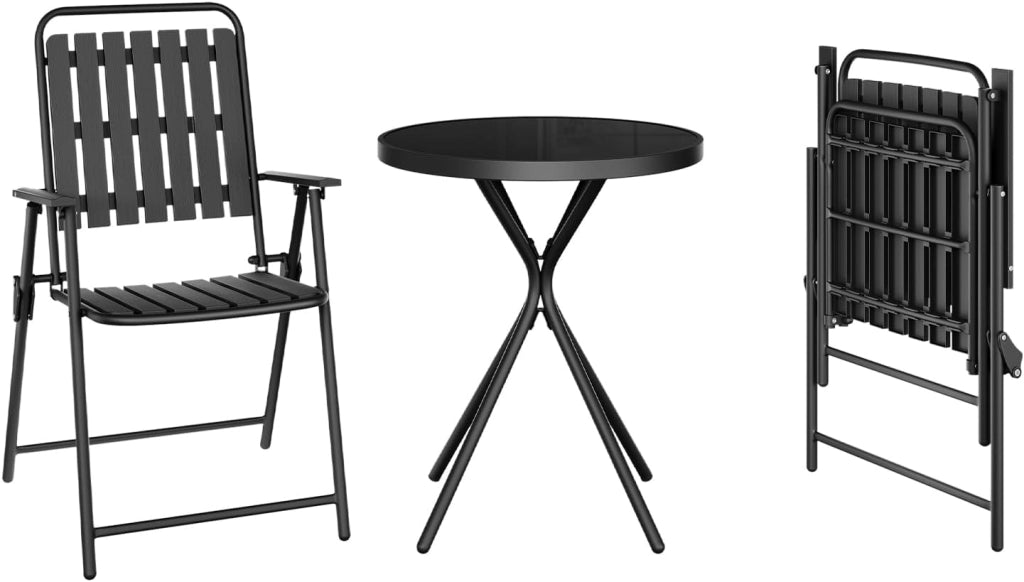Set di Mobili da Esterno 3 Pezzi, Tavolo con 2 Sedie Pieghevoli, Struttura in Metallo, Resistente alle Intemperie, per Giardino, Terrazza e Balcone, Nero