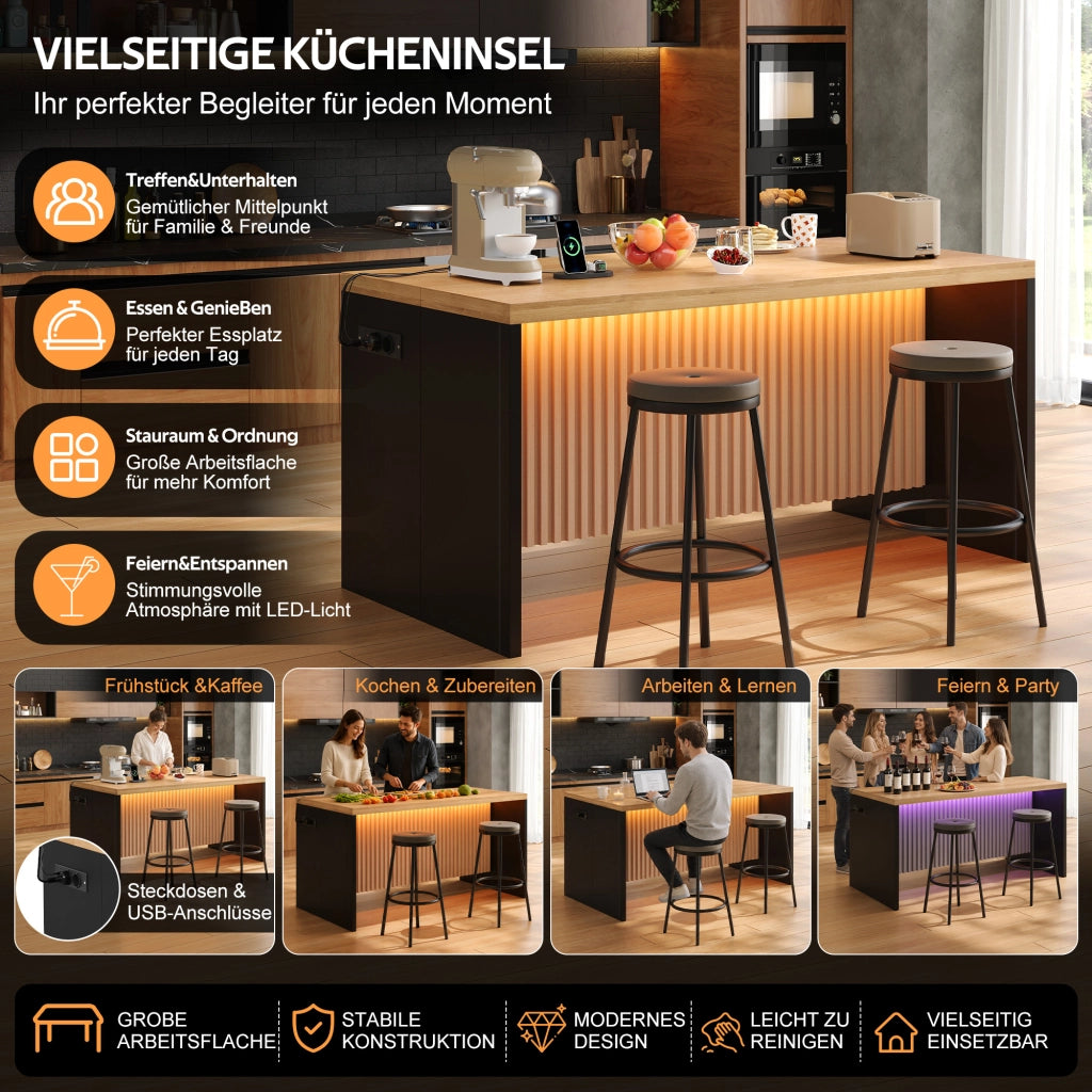 ISOLA CUCINA con illuminazione LED, prese e USB 155x80x90 cm MDF Nero/Naturale
