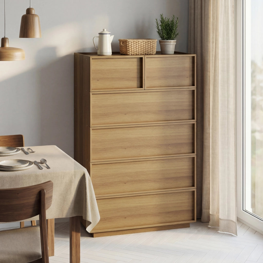 Cassettiera 80x48x127 cm con sei cassetti; guide in metallo; MDF e truciolare; naturale