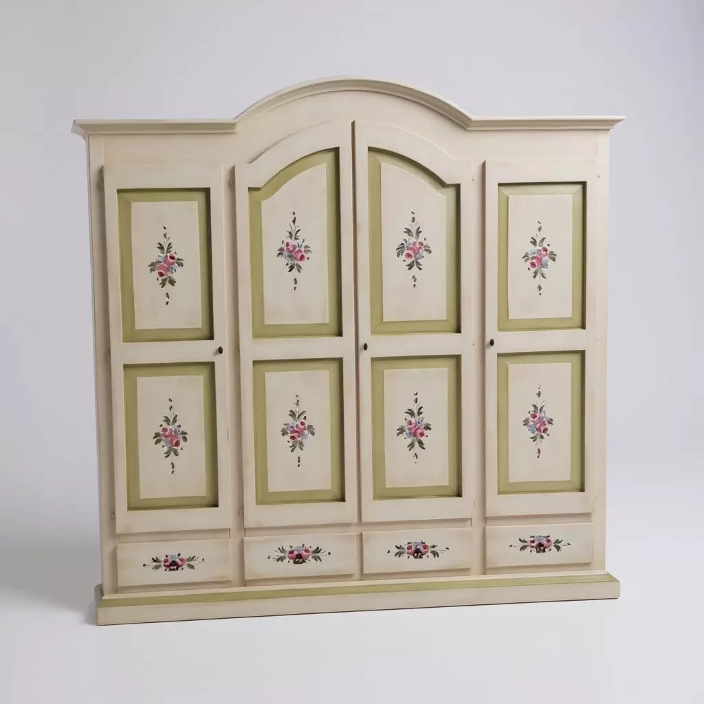 Armadio shabby 4 porte legno avorio anticato decorato filo verde  234x60x230 - Mobili 2G