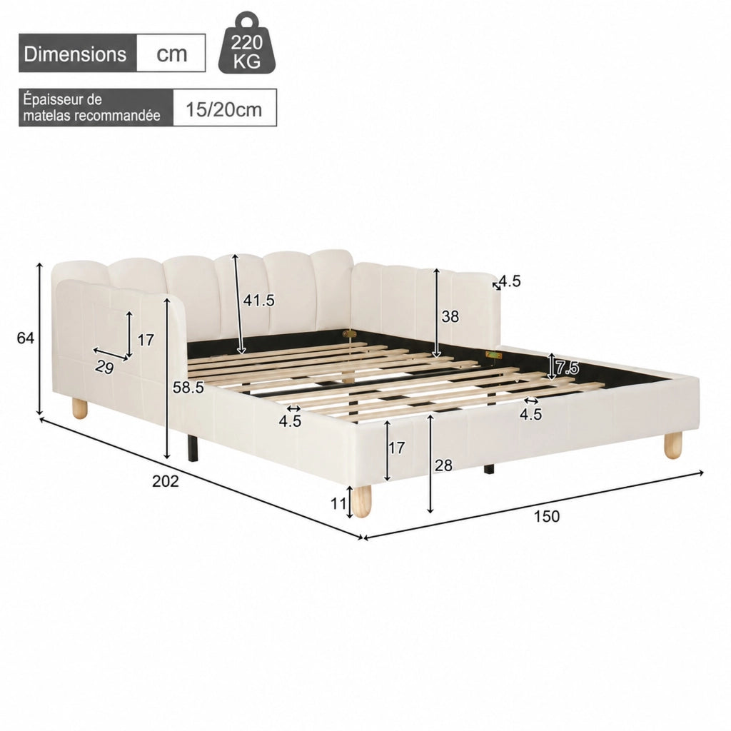 Letto per bambini 140 × 190 cm con testiera imbottita, barriere di sicurezza e tasche, senza materasso, in velluto beige