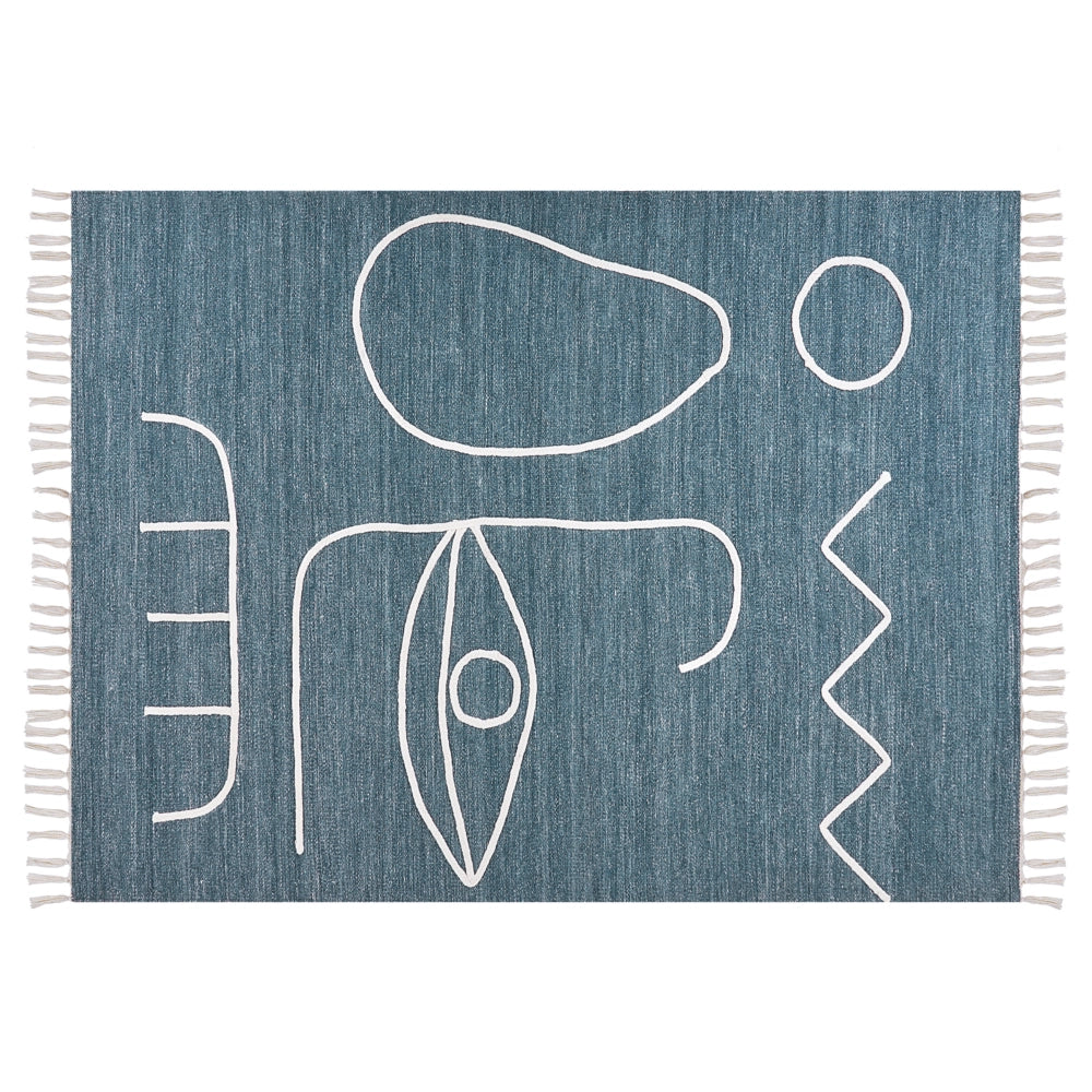 Tappeto rettangolare per interni e per esterni in poliestere con motivo a nappe blu 140 x 200 cm stile boho