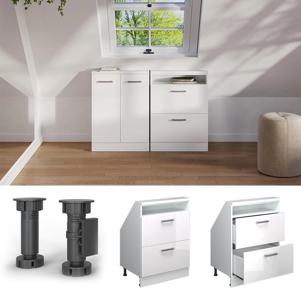 Set di mobili sottotetto Rion, Bianco lucido/bianco, Set di 5