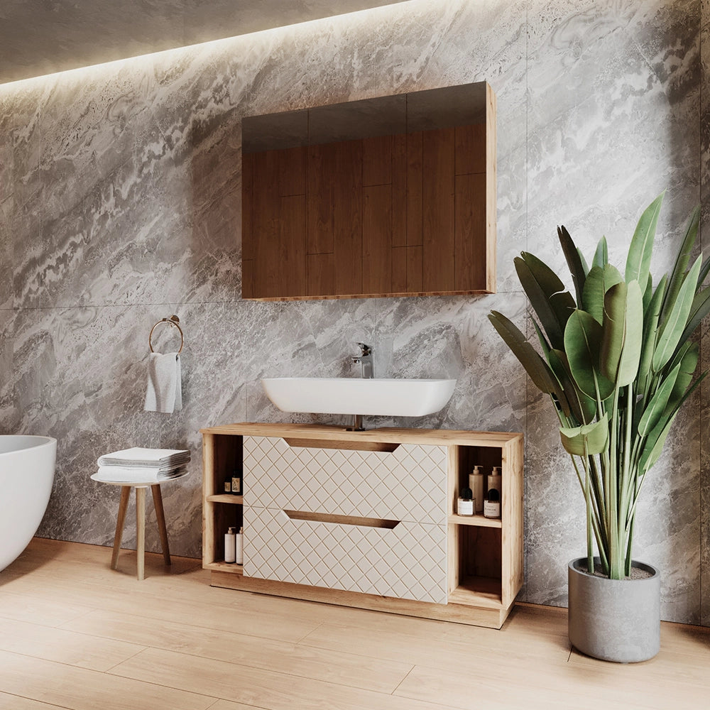 Vicco Set di mobili da bagno Rovere/cashmere con struttura in piastrelle 2 parti