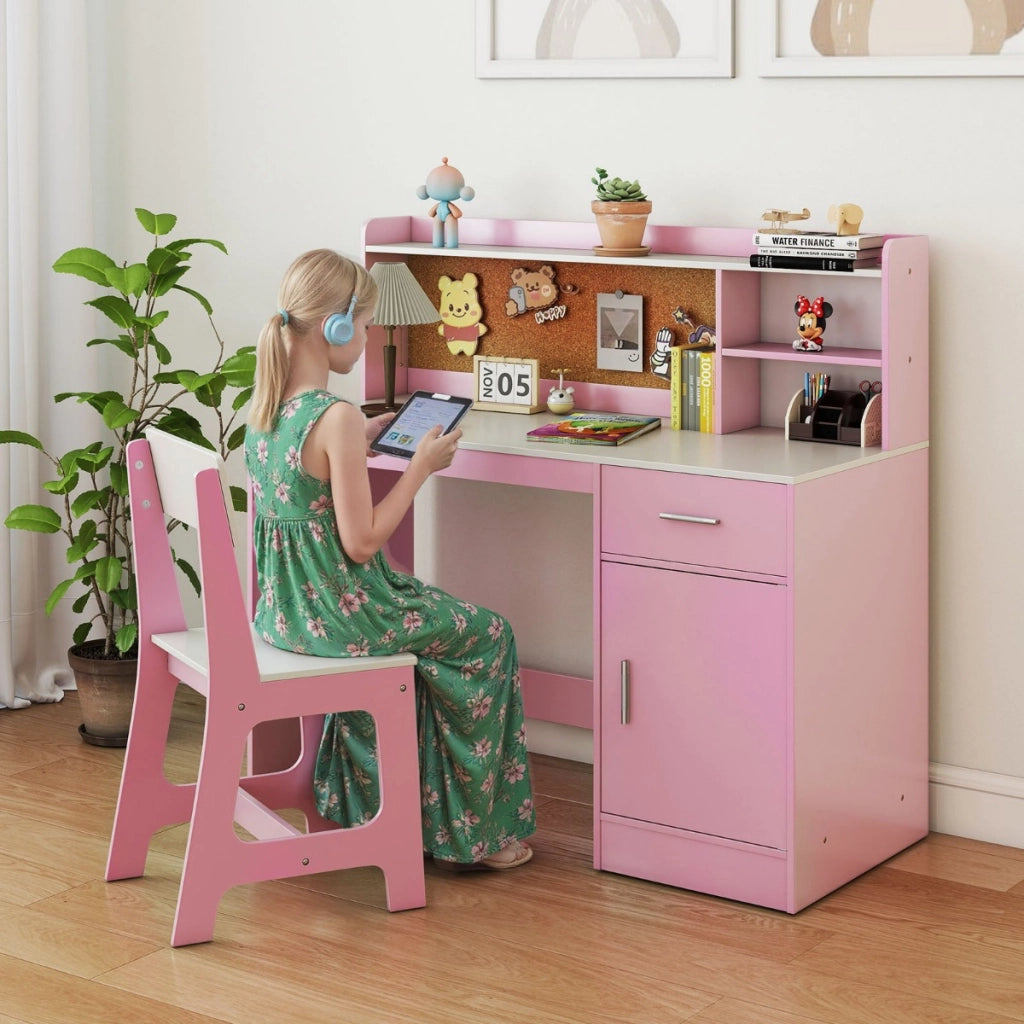 Set scrivania e sedia per studenti con mensole e cassetto, Tavolo e sedia per camera da letto e asilo nido Rosa