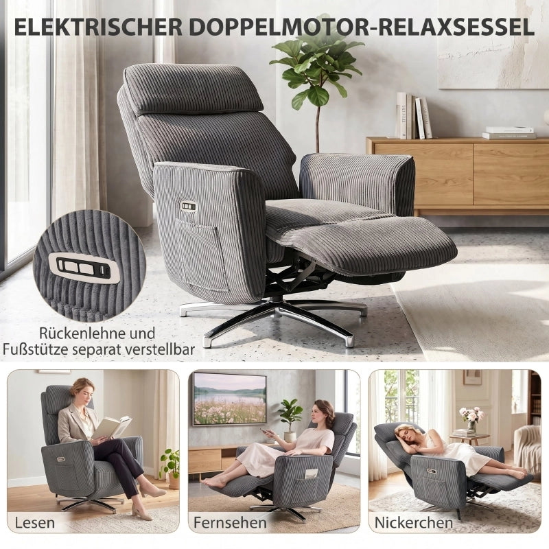 Poltrona relax elettrica girevole con doppio motore, poggiatesta regolabile e USB in poliestere grigio scuro