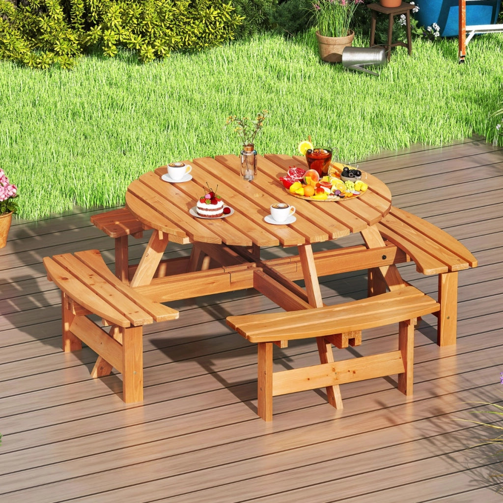 Set tavolo da picnic rotondo per 8 persone, Tavolo da pranzo circolare con 4 panchine Giallo-Tavoli da esterno