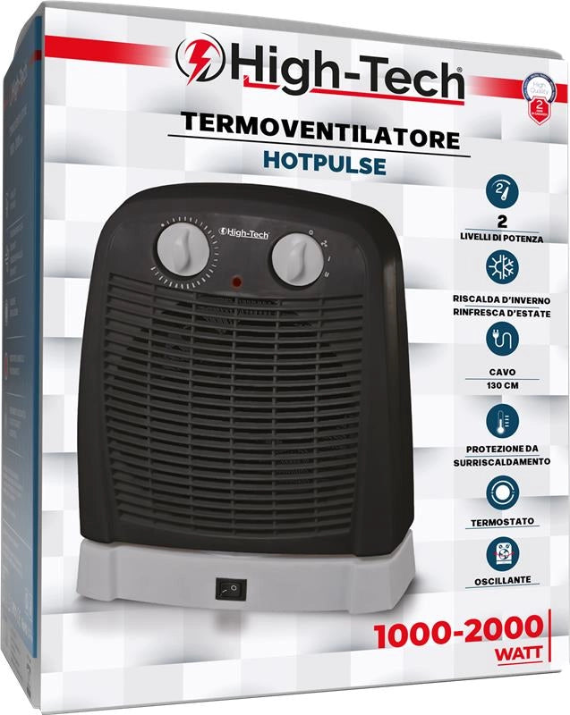 HIGHTECH TERMOVENTILATORE OSCILLANTE, TERMOSTATO AMBIENTE REGOLABILE, PROTEZIONE DA SURRISCALDAMENTO NERO 1000-2000W