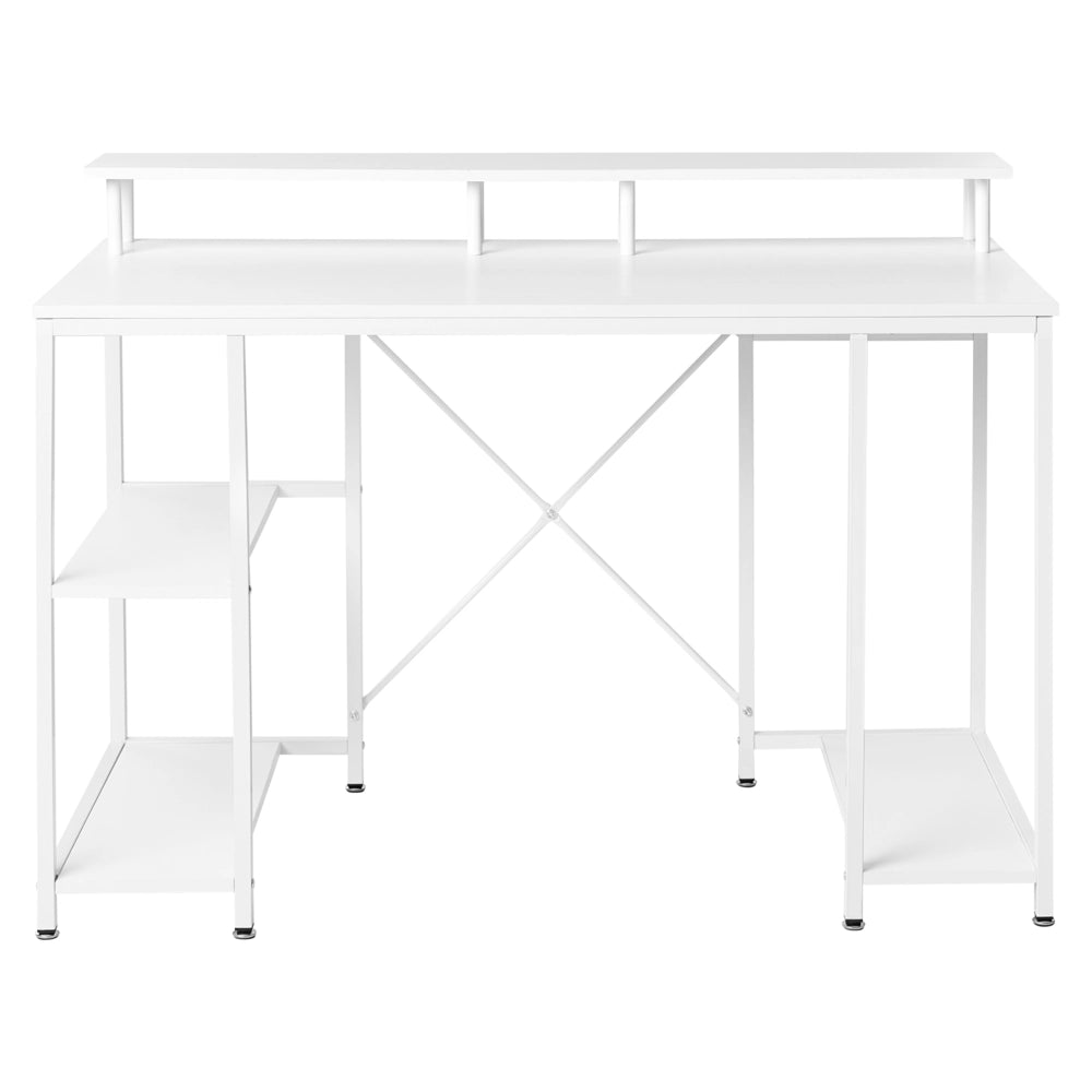 Scrivania con piano in MDF bianco, gambe e struttura in ferro verniciato a polvere, 3 ripiani per aggiungere spazio di archiviazione, moderna