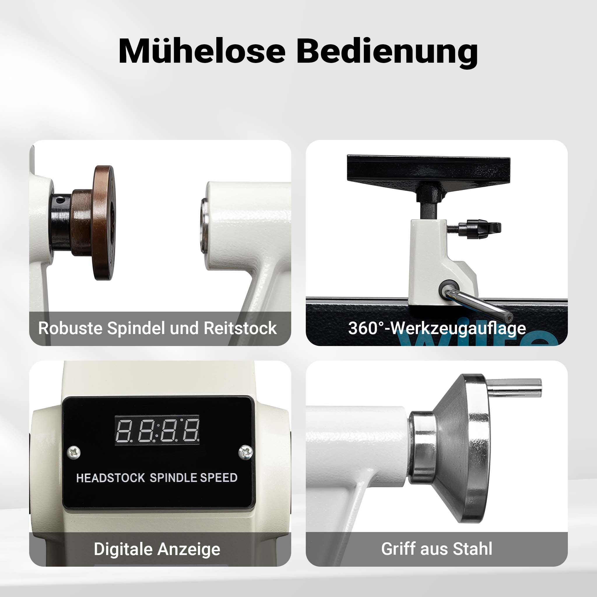 Tornio per legno, 3 variazioni di velocità 50-1450, 1250-2800 e 2800–3800 rpm, Macchina da banco per tornitura