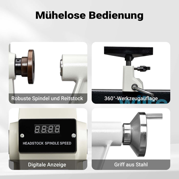 Tornio per legno, 3 variazioni di velocità 50-1450, 1250-2800 e 2800–3800 rpm, Macchina da banco per tornitura