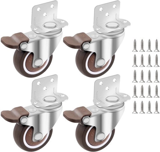 Set di ruote di scorrimento per mobili a 4 pezzi - 50 mm Ruote in gomma - Ruote di scorrimento con freno - Ruote di scorrimento con vite - Ruote per mobili - Resistenti allo shock e durature