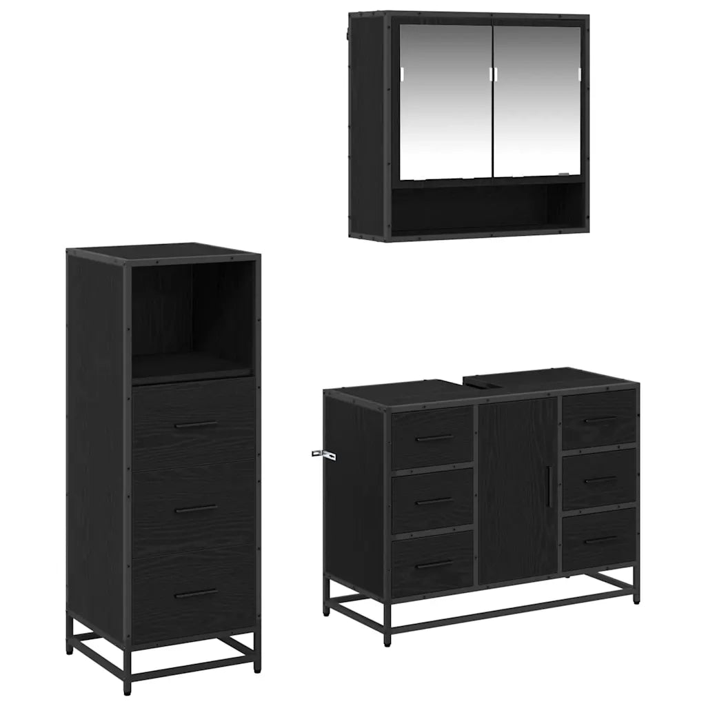 Set di mobili per il bagno 3 pcs Rovere Nero Legno multistrato