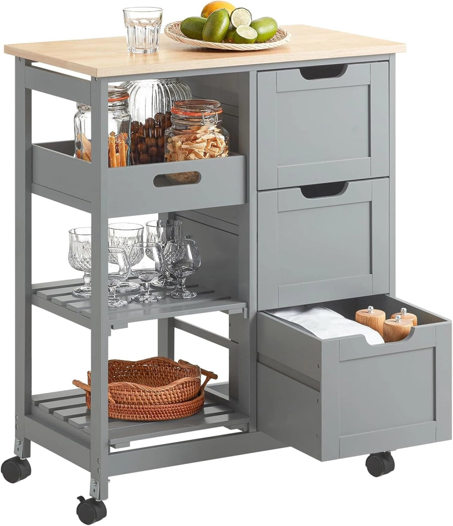 Carrello Cucina con 3 Cassetti e 1 Cestino, Mobiletto Cucina Salvaspazio con 4 Ruote Girevoli, Credenza Cucina o Bagno, Mobiletto Cucina Dispensa, L68 x P38 x A85 cm, grigio,FKW79-HG