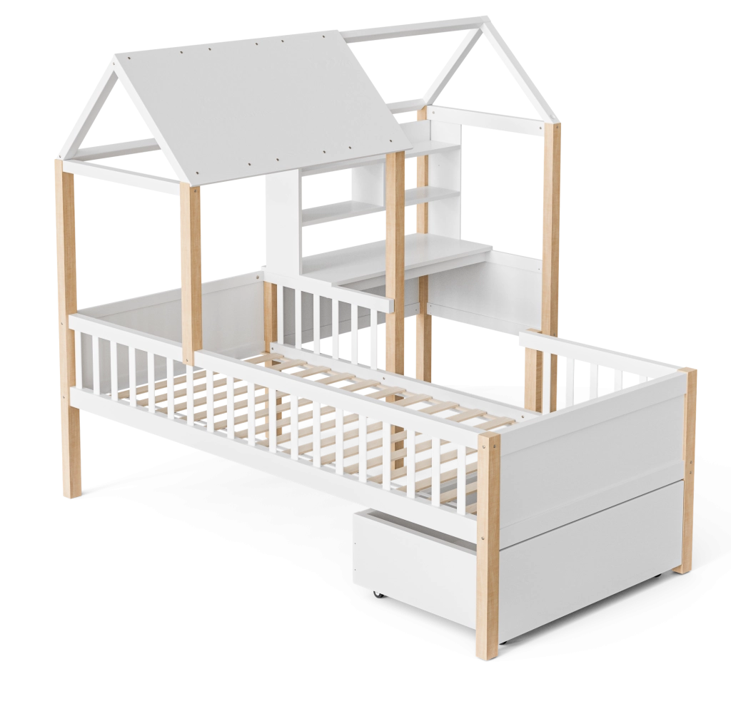Letto per bambini 90x200 con scrivania, libreria e cassetti per ottimizzare al meglio lo spazio