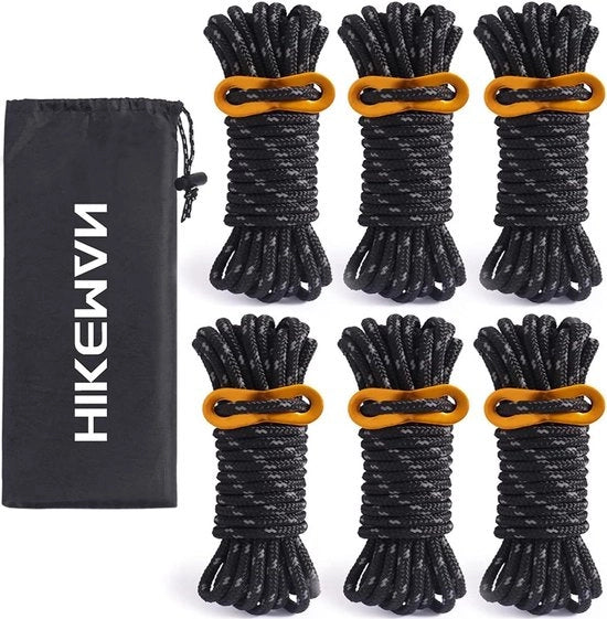 6 pezzi di corda da tenda riflettente - 5 mm corda da tenda pesante con guida per linea da tenda e chiave per regolare la tensione per campeggio, escursioni, ombrelli e tende - nero