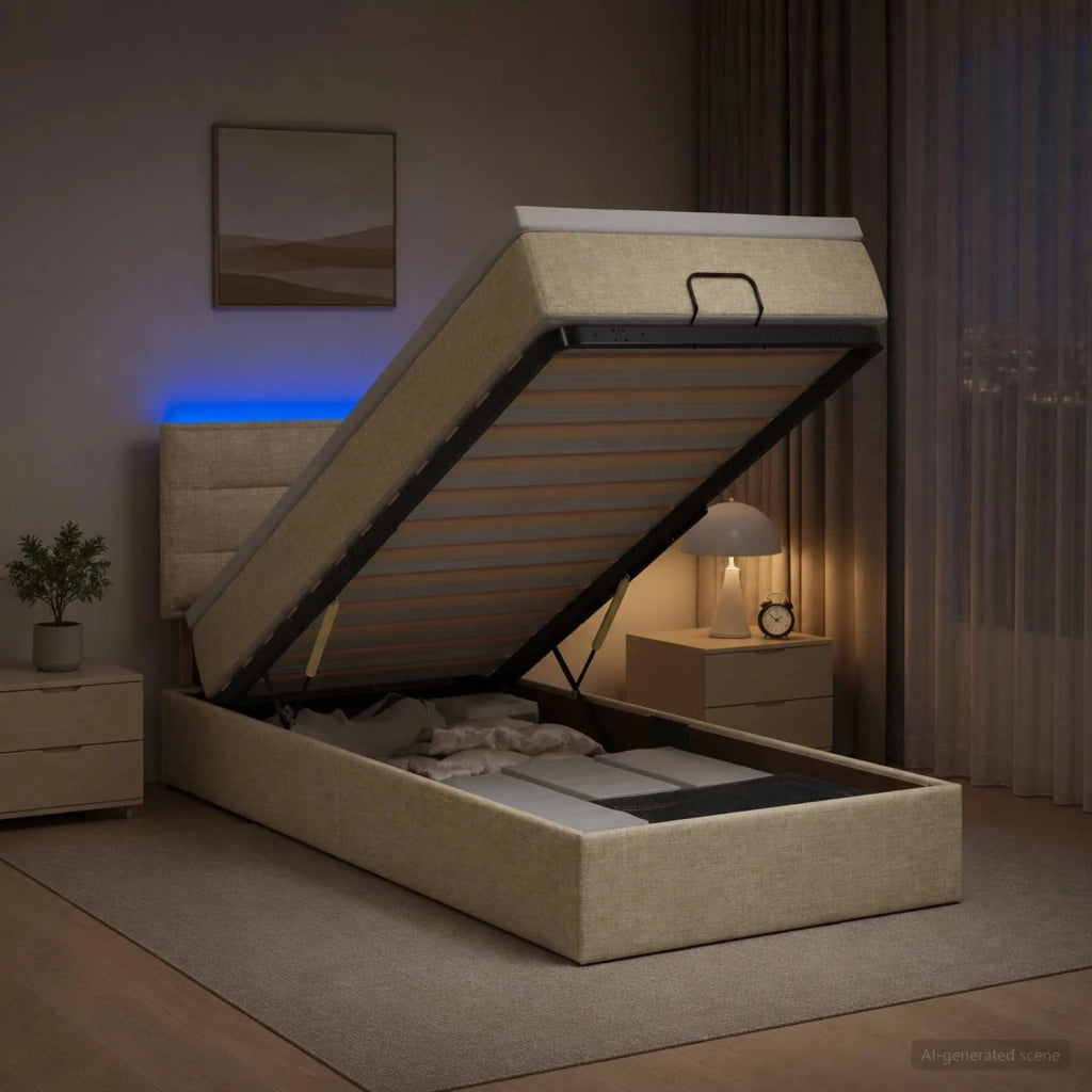 Letto Ottomano con Materasso e LED Crema 100 x 200 cm Tessuto 3456806