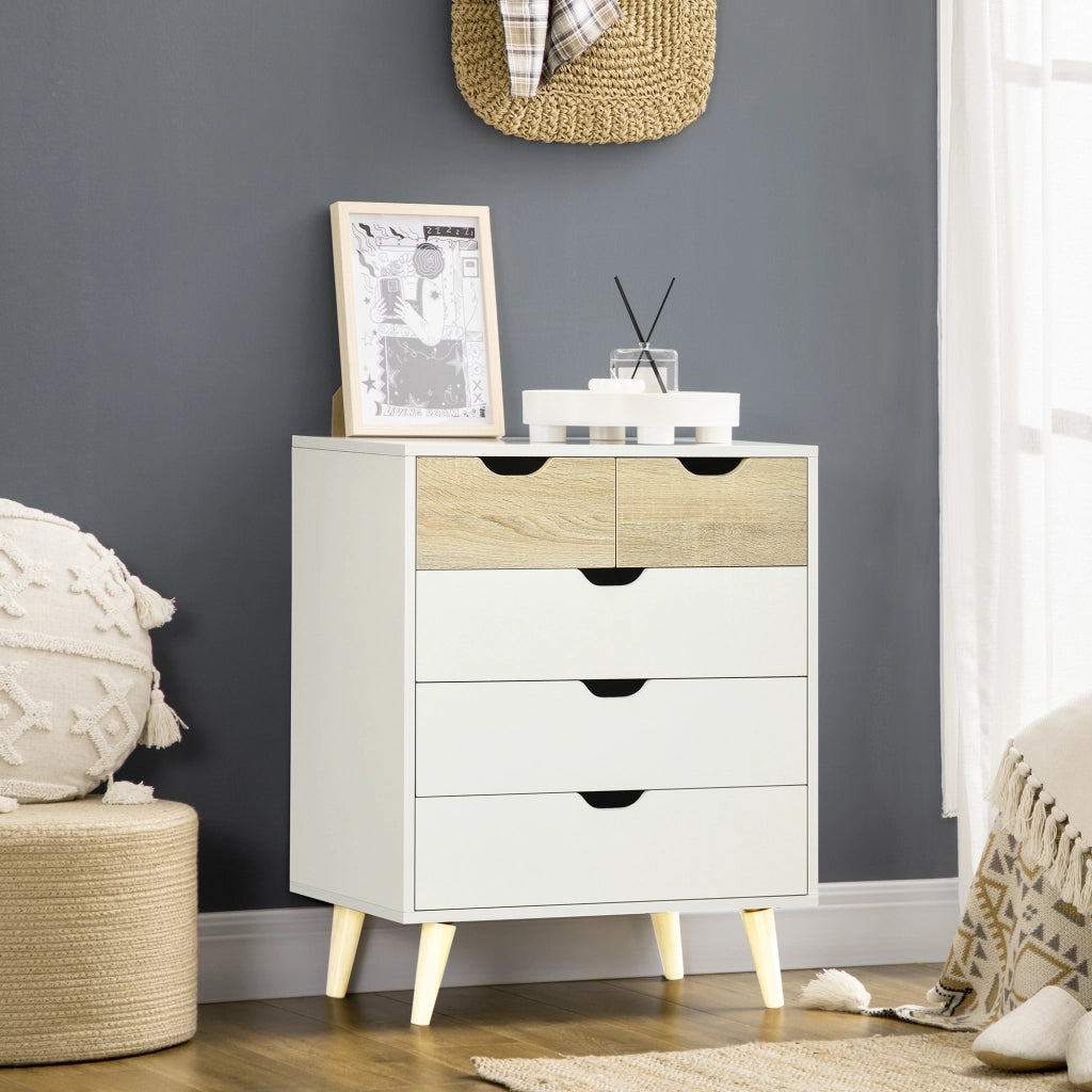 Cassettiera Moderna con 5 Cassetti ¨C Zephmum ¨C Legno Effetto Naturale e Bianco 60x40x77,5 cm