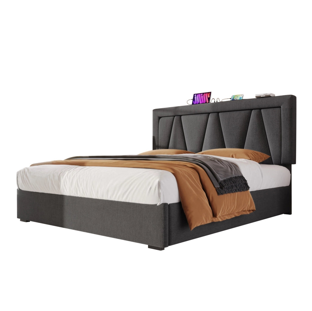 Letto matrimoniale 160x200 cm con contenitore; LED; USB e Type-C; testiera regolabile; lino grigio