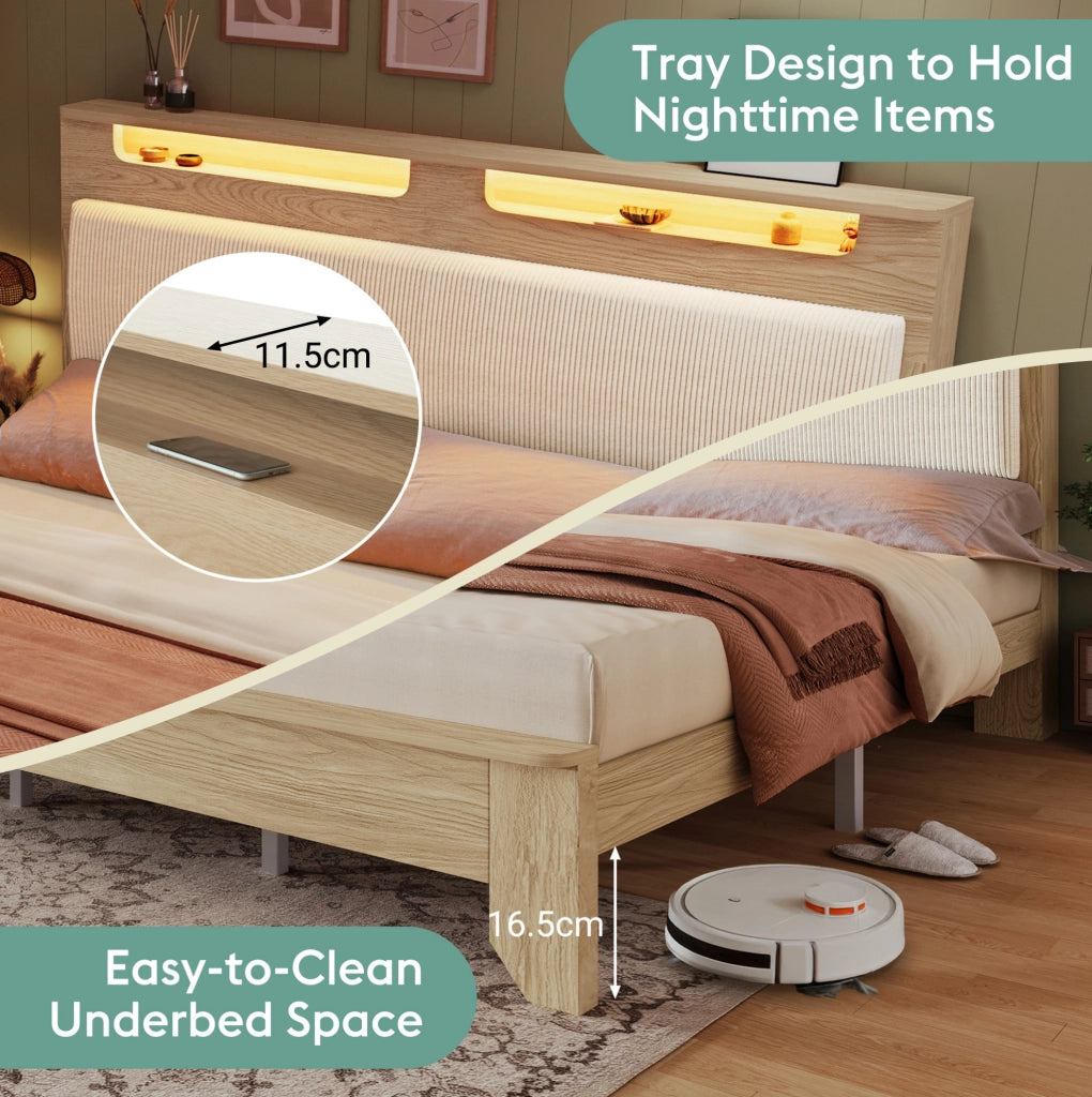 Letto matrimoniale 180x200 cm in corduroy beige con testiera contenitore e LED