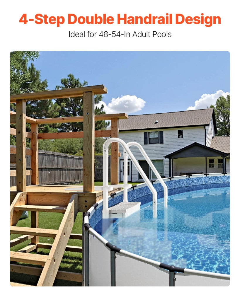 Scaletta di sicurezza per piscina 4 gradini, doppio corrimano antiscivolo, PE bianco latte, carico 181,4 kg, piscine interrate fuori terra 122-137 cm