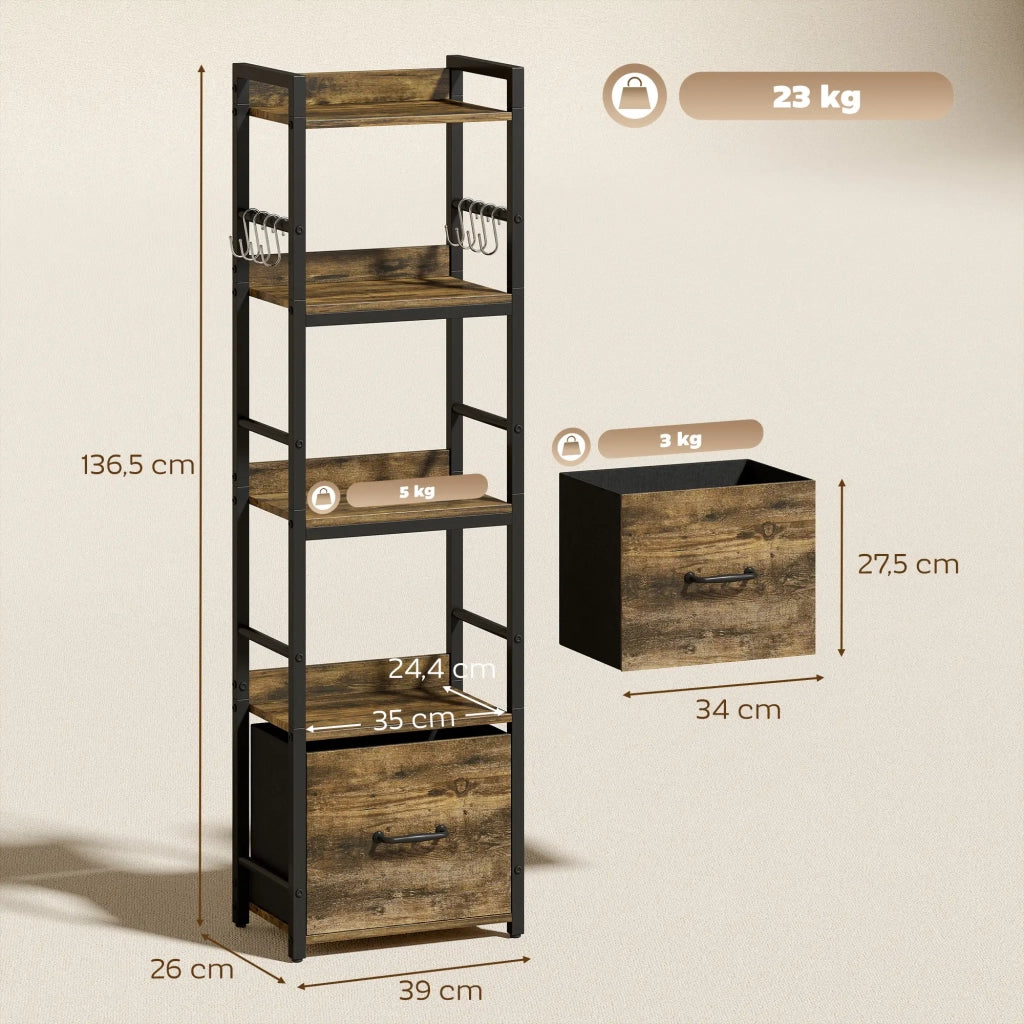 LIBRERIA a 4 ripiani con cassetto e 8 ganci 39x26x136,5 cm marrone rustico