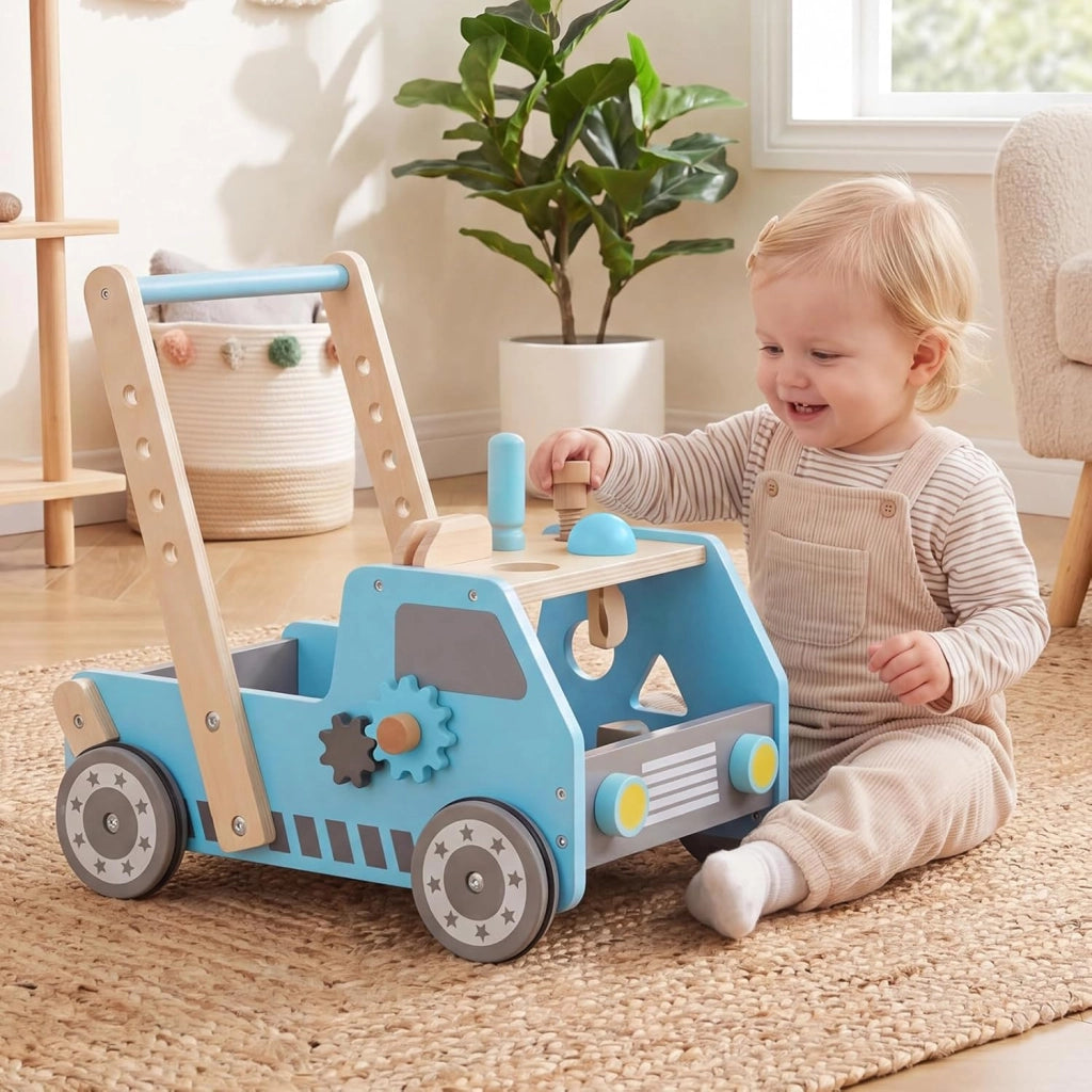 2-in-1 Primi Passi per Bambini con Altezza Regolabile, Girello in Legno con Banco da Lavoro, Carrello da Spinta con Giocattoli Montessori, Velocità Regolabile, Spazio di Archiviazione (Blu)