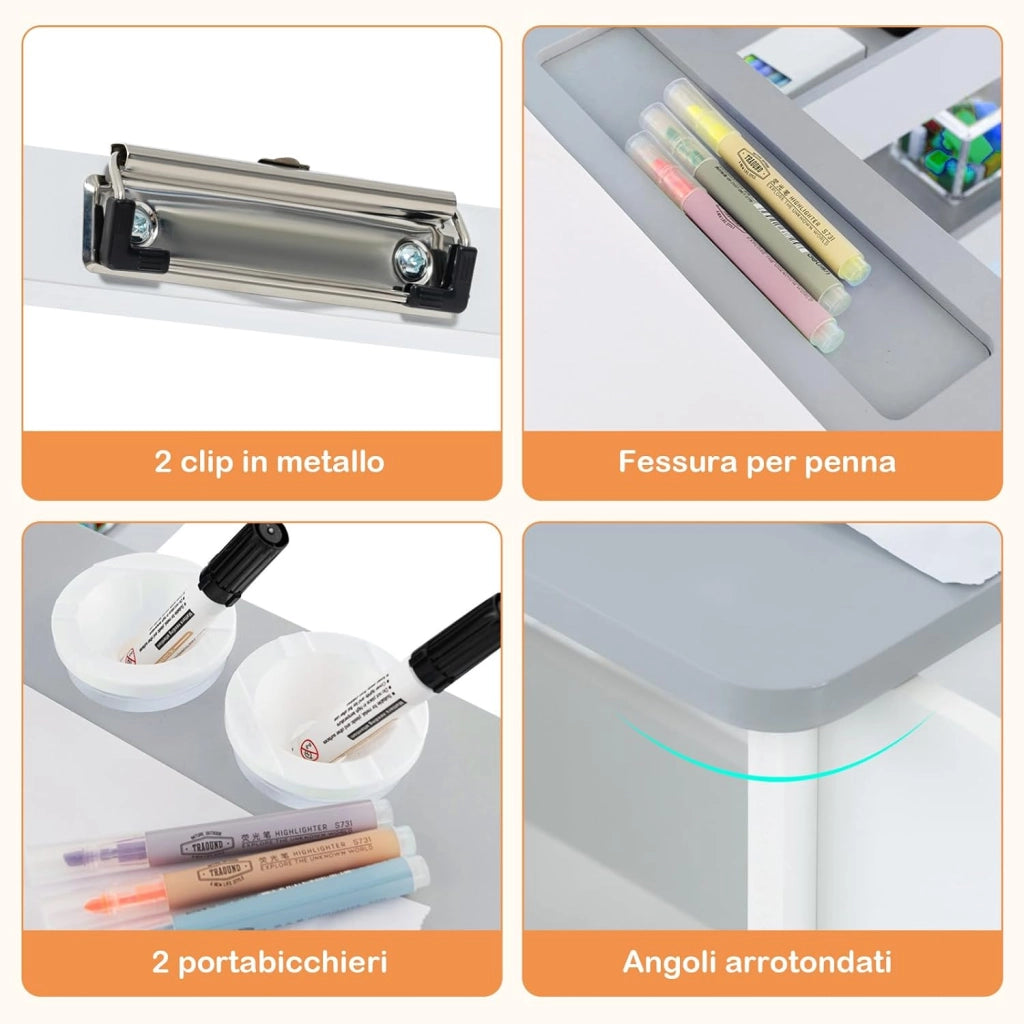 Set 3 in 1 Tavolo e Sedie per Bambini 3+ Anni, Tavolo in Legno Sicuro con Lavagna Cancellabile, Magnetica, Cavalletto Regolabile, Libreria e Accessori Artistici, per Disegno (Bianco e Grigio)