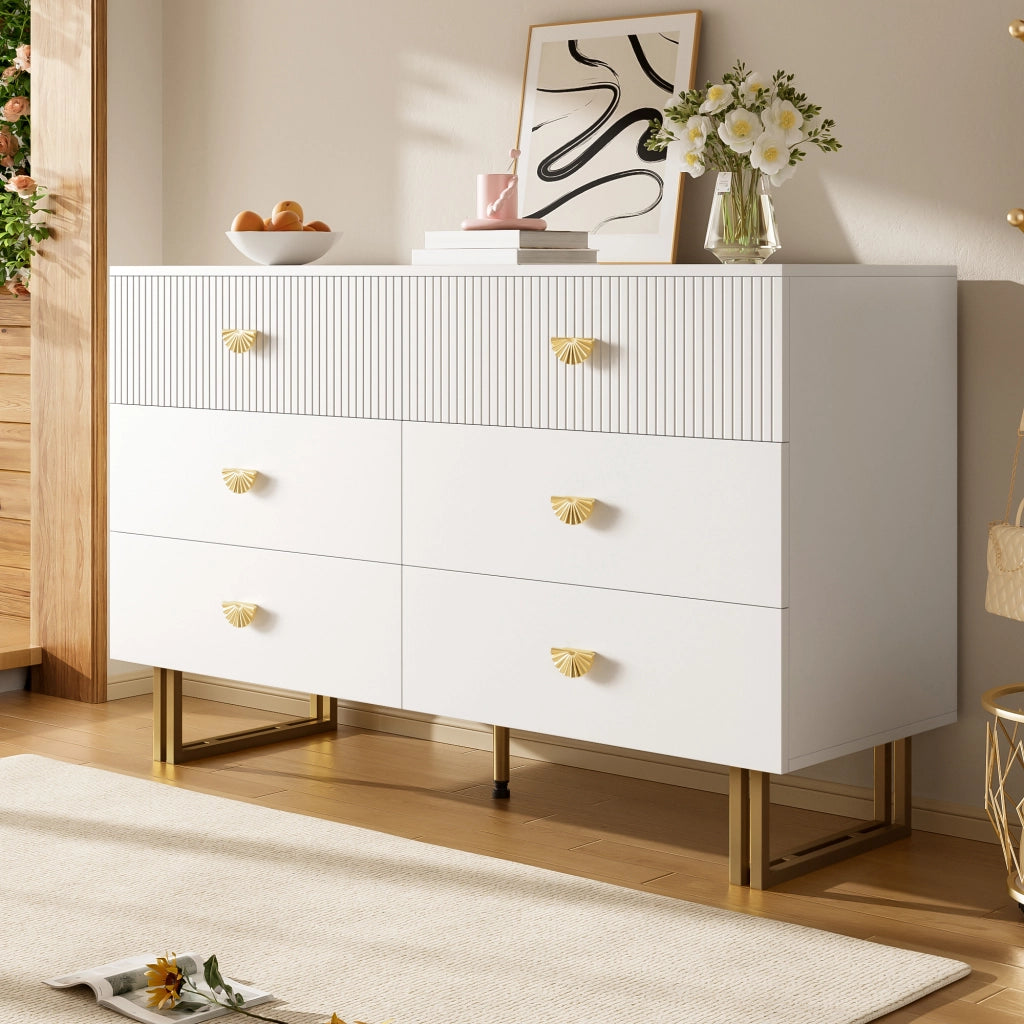 Credenza moderna con 6 cassetti - Zephmum- Bianco e oro, design elegante in MDF e acciaio, 120x40x75 cm