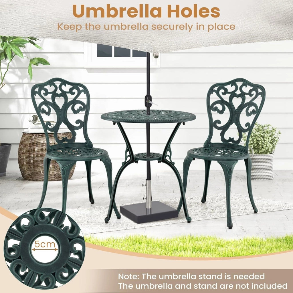 Set da Giardino Esterno in 3 Pezzi in Accaccio, Set da Bistrò con Foro per Ombrellone, Tavolo Portato 90 kg e 2 Sedie Portate 180 kg, Arredamento per Balcone, Patio, Terrazzo (Verde)