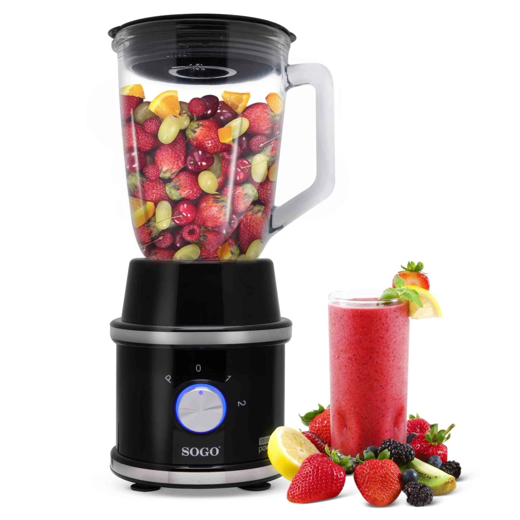 Frullatore elettrico da tavolo 1300W, 2 velocità con pulse, caraffa vetro 1,5L e mini tritatutto 300ml - SOGO