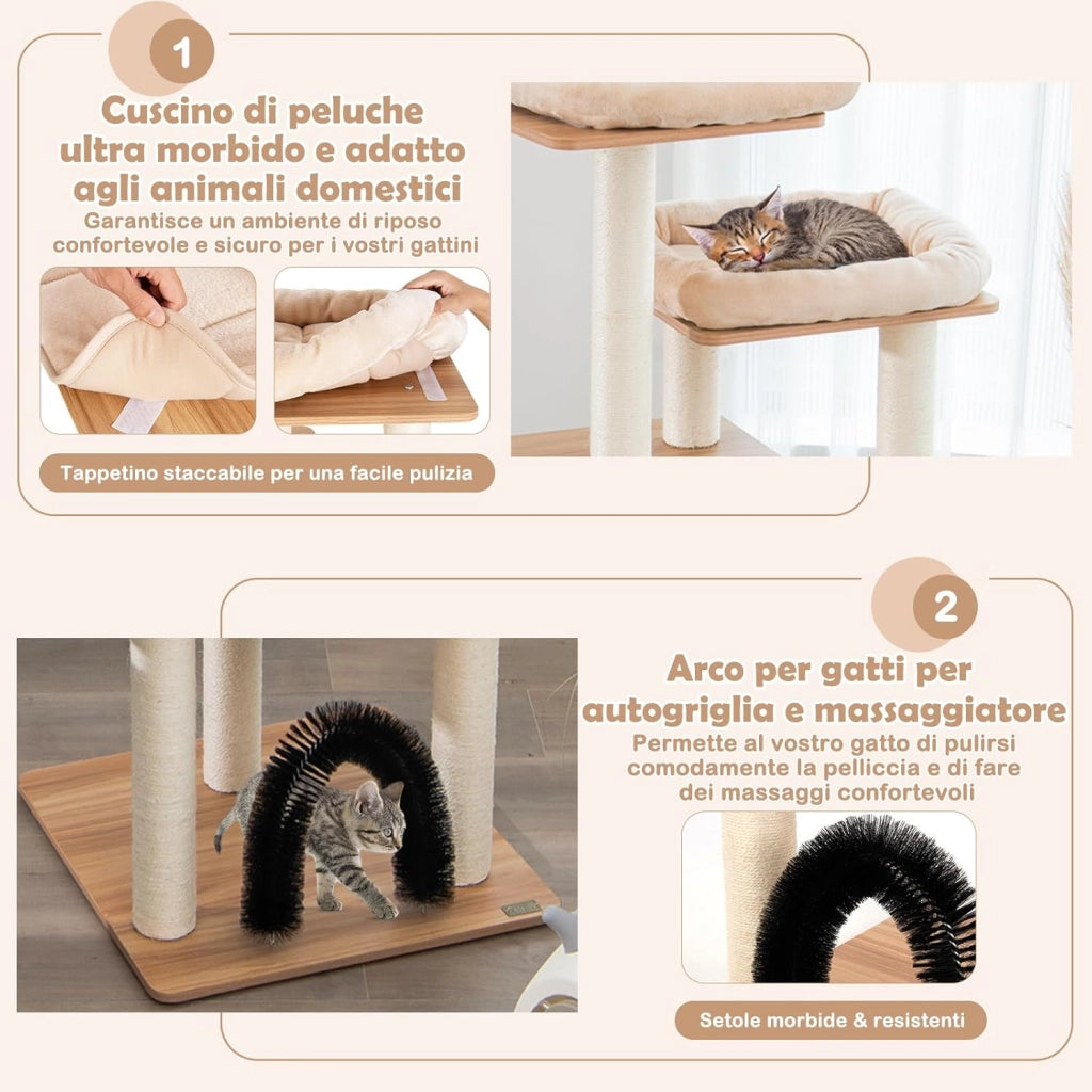 Albero Tiragraffi per Gatti 176 cm, Tiragraffi per Gatti con 2 Trespoli in Tessuto Felpato, Arco Massaggiante, Cuccia Spaziosa, Pali in Sisal e Tapettini Lavabili, Ideale per Gatti Grandi
