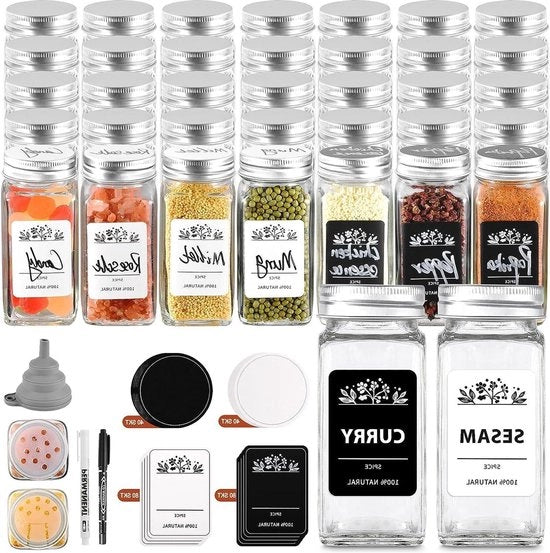 Set di contenitori quadrati per erbe con applicatore a polvere - set di 35 pezzi - 120 ml - set di strooieri per erbe in vetro Contenitori quadrati per erbe
